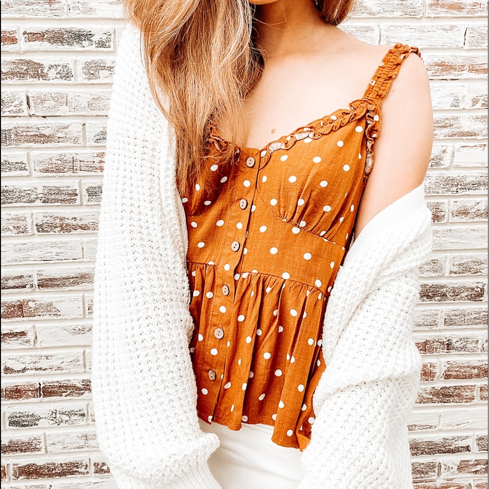 Rust Baby Doll top with polka dots